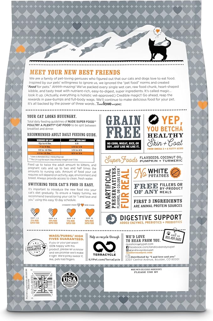 I and love and you Nude Super Food Dry Cat Food - Turkey + Chicken - Grain Free, High Protein, No Fillers, Superfoods, 5lb Bag