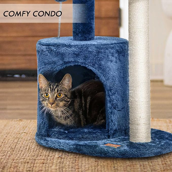 ClevaHome Small Deep Denim Blue Cat Tree for Small Spaces, Kittens, 33.5" Multi-Level Condo with Sisal Scratching Post, Plush Perches & Interactive Pompom Toy for Indoor Cats