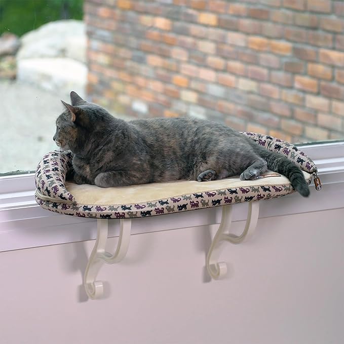 K&H Pet Products Bolster Kitty Sill Cat Window Perch Bed for Large Cats, Orthopedic Window Hammock Holds 40 lbs, Washable Cover, Indoor Windowsill Furniture Bed Seat - Tan/Kitty Unheated 14 X 24in