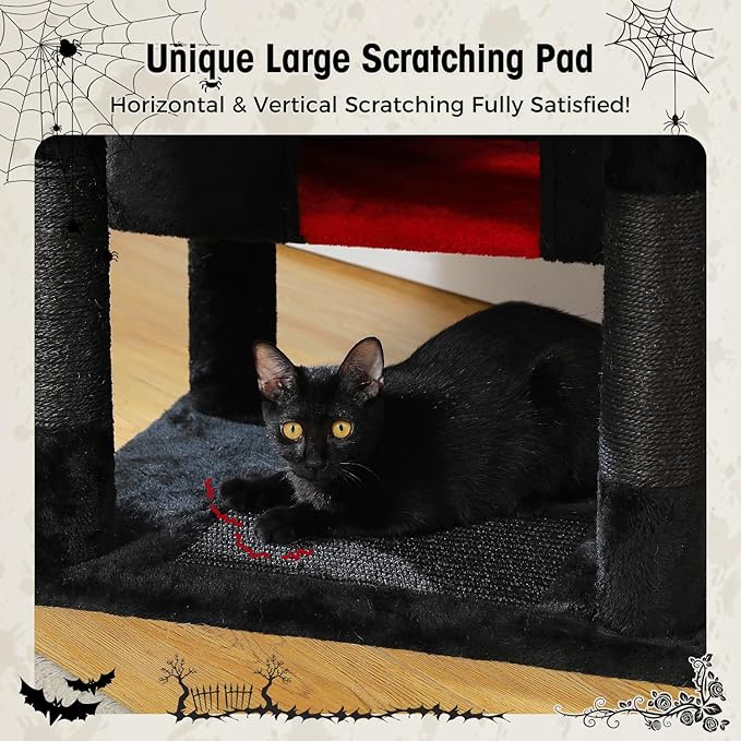 PAWZ Road Large Cat Tree, 72 Inches Gothic Cat Tower for Large Cats, Cat Condo with Sisal-Covered Scratching Posts and Pads, 2 Padded Perch, Dual Condo and Basket for Indoor Cats-Black