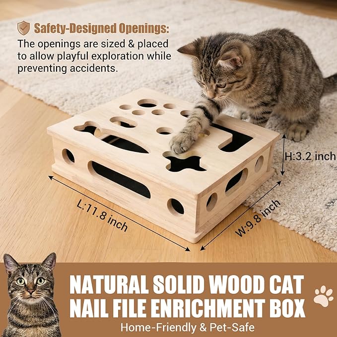 Cat Scratch Puzzle Enrichment Box, Smooth Solid Wood Cat Nail File Enrichment Box with Built-in Sandpaper, Cat Nail File Box Stress Free Alternative to Clippers & Grinders(No Bell Ball)