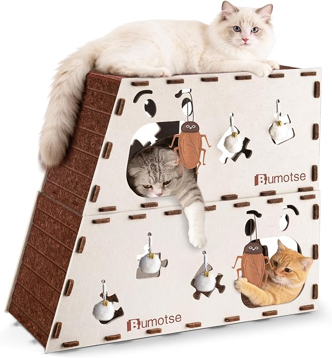 2-Story Interactive Felt Cat Tunnel for Indoor Cats with Catnip Toy, Modular Cat Cave House for Scratching, Play, Hiding & Sleeping, Durable Washable Cat Condo for Large Cats Up to 22LB,Coffee