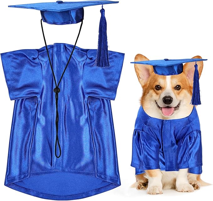 Dog Graduation Cap and Gown, Dogs Cats Graduation Holiday Halloween Costume Accessory(Blue,Small)