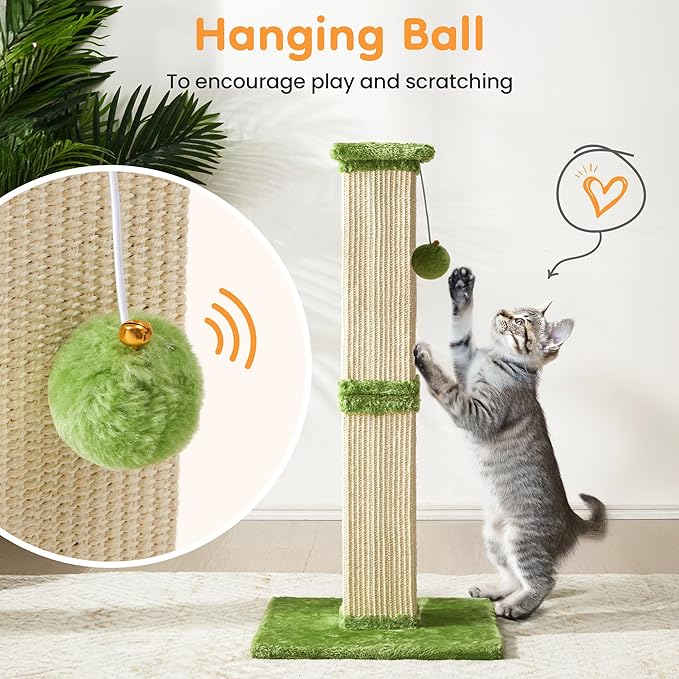 32" Tall Cat Scratching Post, Cat Scratcher with Heavy Duty Thick Wood Base, Cat Tower with Natural Sisal Rope and Hanging Ball, Plant-Like Design Scratching Post, for Small and Adult Kittens, Green