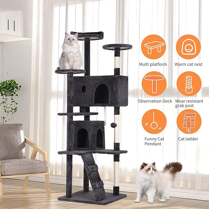 70 Inch Cat Tree Tower - Multi-Level Kitten Condo with Scratching Post, Plush Perch, Dangling Ball - Heavy Duty for Large Cats - Dark Grey