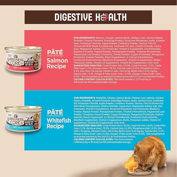 Wellness CORE+ Digestive Health Pate Variety Pack Adult Canned Wet Cat Food, Natural, Protein Rich, Grain Free, Salmon and Whitefish Recipes, 3 oz, Pack of 12 Cans