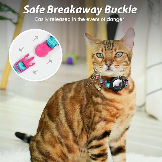 azuza AirTag Cat Collar Breakaway, Integrated Cat Collar with Air Tag Holder and Bell, Safety Lightweight Cat Tracker Collars for Kittens, Rose, Kittens (7"-9")