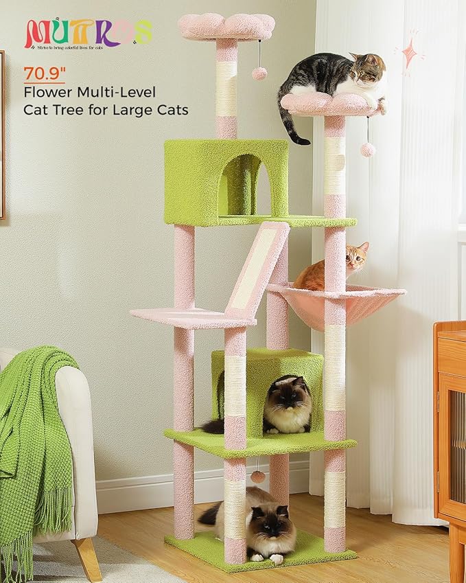 MUTTROS Flower Cat Tree, 70.9" Tall Tree for Indoor Cats, Large Tree for Large Cats, Multi-Level Tower with 6 Scratching Posts, 2 Condos, 2 Perches, Hammock, Pompoms, Pink