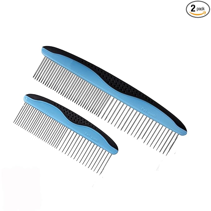 Pet Metal Comb for Dogs and Cats (2-Pack) - Stainless Steel Rounded Teeth for Painless Detangling - Dual-Spacing for Small & Large Pets with Comfort Grip Handle - Professional Grooming Tools