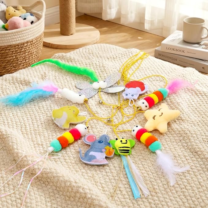 Leitee 20 Pcs Interactive Cat Toys with Hanging Balls Feather Teaser Retractable Toys for Indoor Kitten Self Play Make Fun Exercise Cat Enrichment Balls for Small/Medium/Large Cats to Keep Them Busy