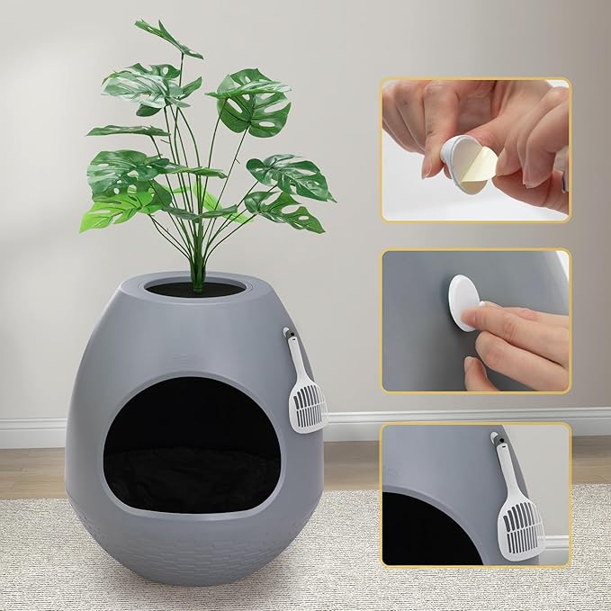 Eggloa6 Hidden Cat Litter Box with Artificial Plants - Egg-Shaped Enclosure Includes Scoop, Discreet Furniture for Home Decor, DIY Assembly Cat Litter Box Cabinet for Living Room(Grey)