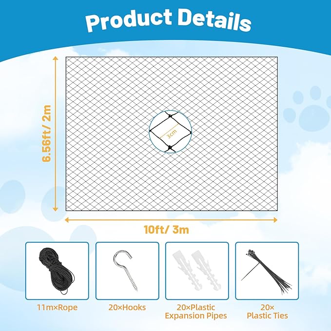 Lewondr Cat Netting Balcony, 10x13ft Steel Wire Reinforced Balcony Screen for Pets, Anti-Fall Pet Mesh Fence Cat Safety Net for Balcony, Window, Stair, Patio