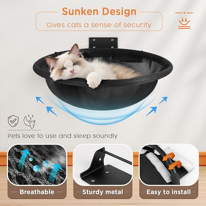 JUNSPOW Cat Hammock Wall Mounted, Foldable & Stable Cat Beds- Breathable Cat Wall Shelves for Sleeping, Playing, Climbing, and Lounging - Maximum Hold Up to 30lb (Black)