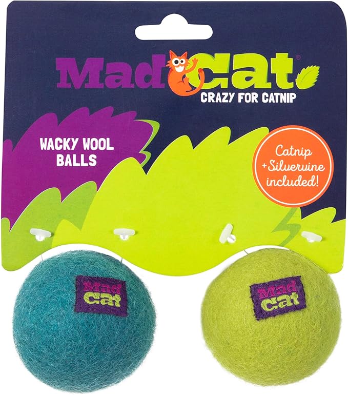 Mad Cat Wacky Wool Balls with Catnip and Silvervine Blend Natural Wool Fiber Cat Toys, Pack of 2