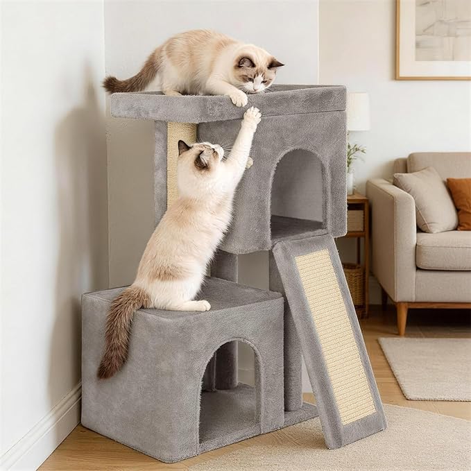 27 inch Small Cat Tree,Komicoll Multi-Level Cat Tower with Sisal Scratching Posts,2 Comfy Condos,Large Plush Top Perch Ideal for Indoor Cats and Kittens (Grey)