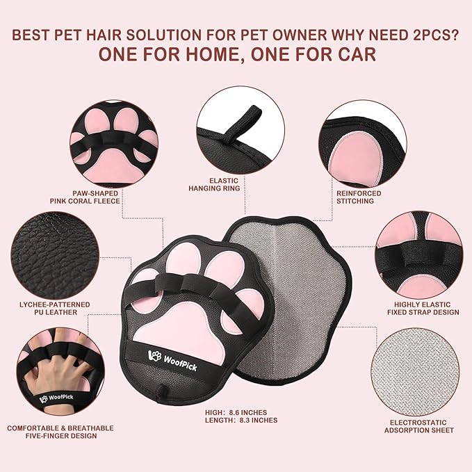 WoofPick Newly Upgraded 2PCS Pet Hair Remover Gloves - Electrostatic Cat Dog Hair Remover, Efficient Magic Brush Pet Hair Remover Tool for Furniture, Couch, Clothes & Car, Washable & Reusable