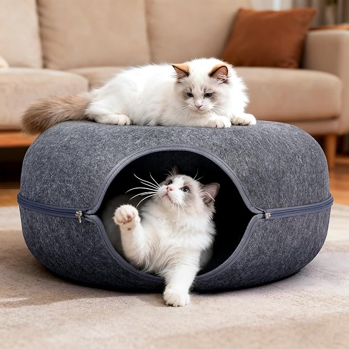 Peekaboo Cat Cave Bed for Indoor Cats, Scratch-Resistant Cat Donut Tunnel for Multiple & Large Cats, Detachable Round Cat Hideaway for Playing, Sleeping and Hiding