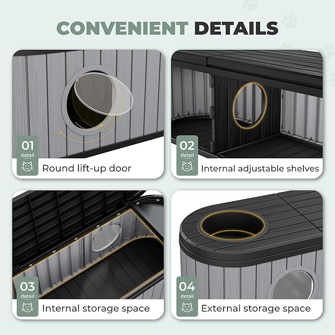 LHBcraft Cat Litter Box Enclosure for 2 Cats,Cat Houses for Indoor Cats,Hidden Litter Box Furniture with Round Lift-up Door-Easy to Assemble Grey