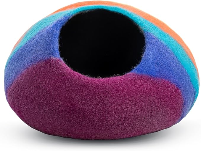 Woolygon Premium Felt Cat Cave Bed – Wool Kitty Beds Handcrafted Kitten Caves Bed for Indoor Cats - Made from Merino Wool, Foldable Cat Hideaway Covered Cat House Pod (Rainbow Twist)