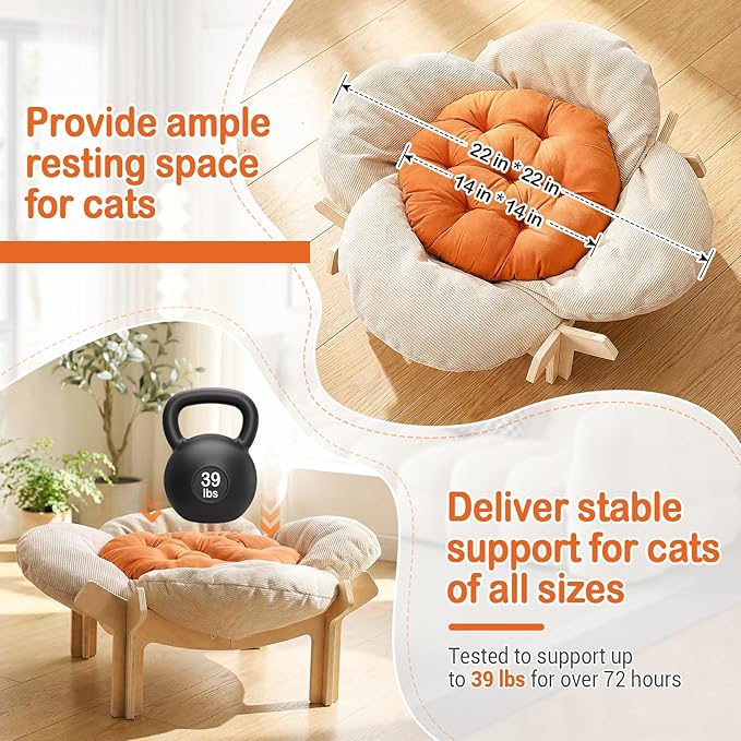Elevated Flower Cat Bed with Thickened Soft Cushions, Aesthetic Raised Cat Chair for Indoor Cats, Wooden Cats Furniture with Toy, 39lbs Capacity (Beige Petal & Orange Center)