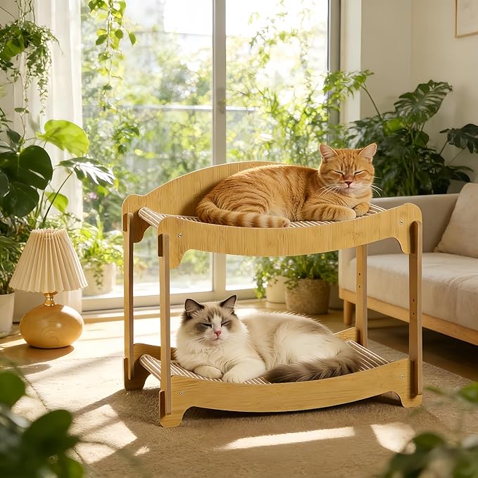 2 Layer Cat Hammock Bed, 19x15.75x20.1 Inch Wooden Bunk Bed for Indoor Cats, Elevated Pet Bed with Breathable Washable Cover, Holds 35 lbs Per Tier, Sturdy Natural