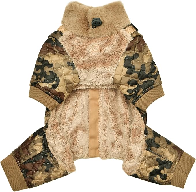 Puppia Bylur Mock Neck Full Zip up Warm Winter Jumpsuit with Integrated Harness for Small and Medium Dogs, Beige, Small