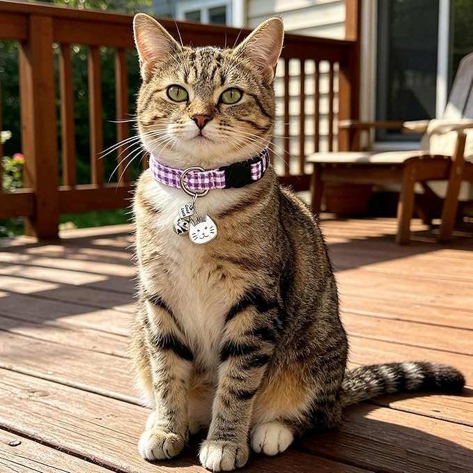 2 Pack Cotton Breakaway Cat Collars with Bell and Charms Purple Solid Plaid Safety Collars for Girl Boy Cats, Cat Head and Paw Pendant Cute Kitten Collars