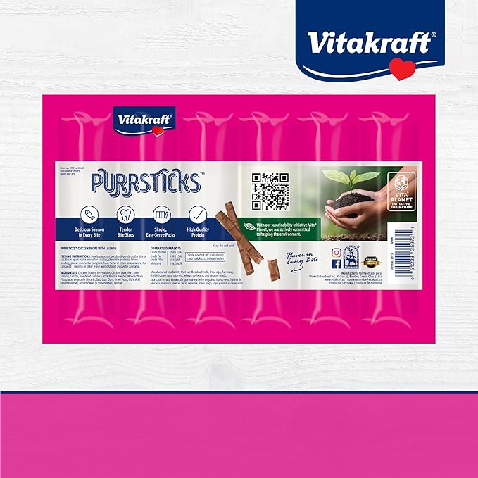 Vitakraft PurrSticks for Cats - Nutritious & Healthy Soft Cat Treats - Gently Oven Roasted Meat Sticks for Cats w/ 70% Meat - Easy-to-Serve Cat Chew Sticks (Salmon, 24 Pack)