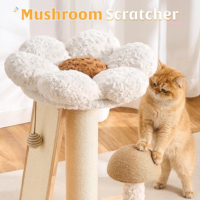 HITTITE Solid Wood Cat Tree Tower, Cat Scratching Post with Bed, 27" Small Flower Cat Tree, Compact Cat Tower with Scratching Pad and Cat Bed, Mushroom Modern Cat Tower for Indoor Cats Large Adult.