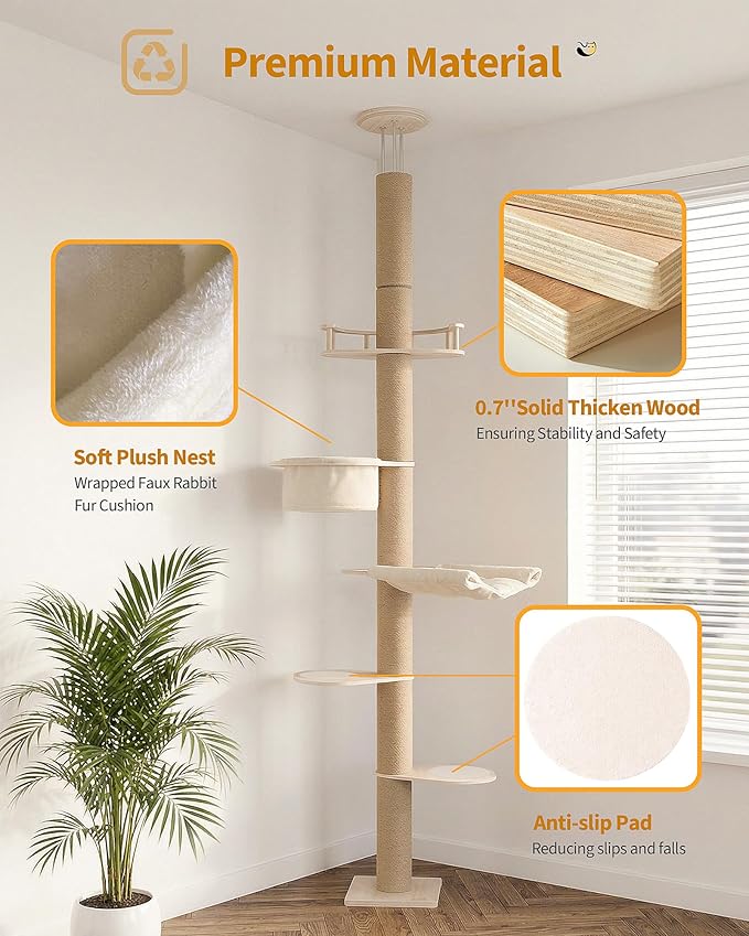 Aechonow 9ft Floor to Ceiling Cat Tree for Large Cats, 5'' Deep Nest-Like Hammock for Indoor Kittens, 5-Tier Adjustable Cat Tower(76-108Inch), Beige