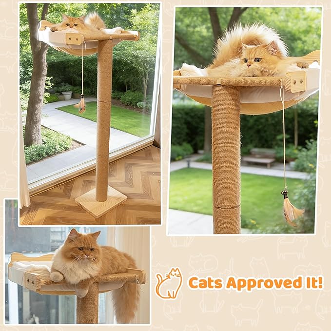 Cat Window Perch Hammock with 3-Piece Detachable Sisal Scratching Posts, White Fluffy Cusion, Drill-Free Suction Cup Mount, Multi-Level Climbing Perch for Bird Watching, 45 LBS Capacity