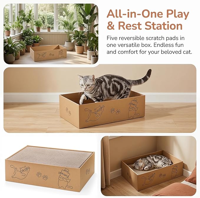 Nicunom 5 Packs in 1 Cat Scratcher with Box, Large Cat Scratching Boards Cardboard Box Reversible Cat Scratch Pads for Indoor Cats, Cat Scratch Cardboard for Rest and Play