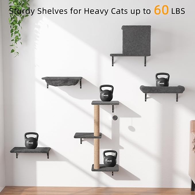 Cat Wall Shelves 5-Piece Set,Cat Walls Furniture for Indoor Large Cats Includes Bed, Cave, Scratching Post, Hammock, Space Saving Floating Shelves (Dark Gray)