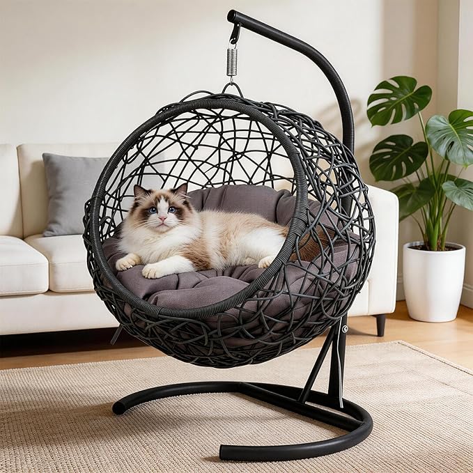 Hanging Cat Swing Bed with Stand & Cushion – Rattan Wicker Egg Chair for Cats, Small Dogs & Pets, Indoor Swinging Bed, Cozy Resting Spot, Modern Design (Gray+ HDPE)