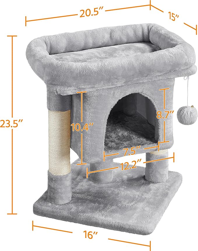 Topeakmart Cat Tree with Extra Large Plush Perch, Soft Cat Condo & Sisal-Covered Scratching Posts for Large Cats, Kittens Cats, 23.5 Inches, Light Gray