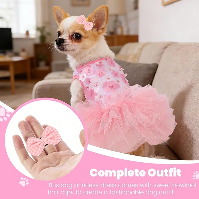 Dog Dress, Fashion Puppy Tutu Princess Dresses for Small Dogs Girl, Sweet Skirt with Dog Bowknot Clips, Spring Dog Cat Clothes Pet Apparel (Pink Floral Dress, X-Small)