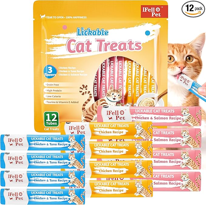 High-Meat High-Moisture Lickable Cat Treats Variety Pack – Real Chicken & Seafood – Silky Creamy Purée – Grain-Free (15g Each | 12 Tubes)