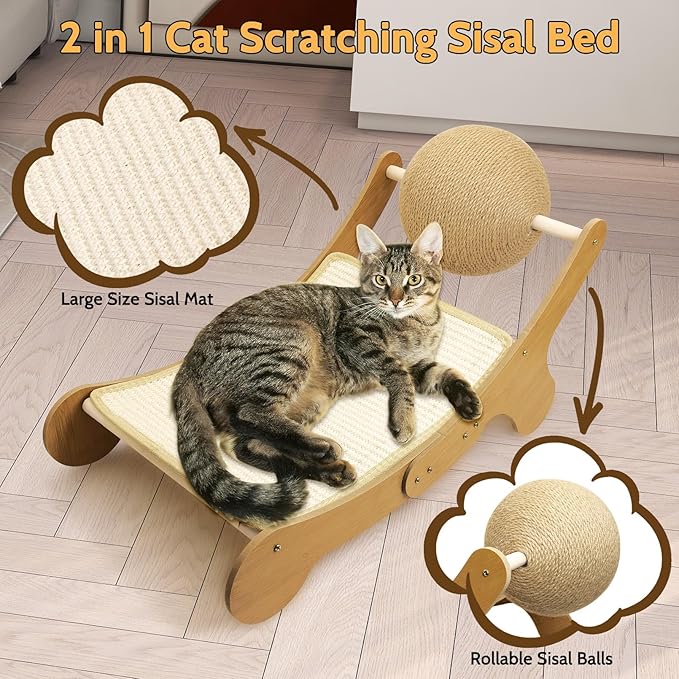 Fhiny Sisal Cat Scratcher Bed, 3 in 1 Kitten Hammock Chair Scratching Pad for Indoor Cat Natural Sisal Scratch Post Ball Kitty Lounge Cat Furniture for Clawing Sleeping Play