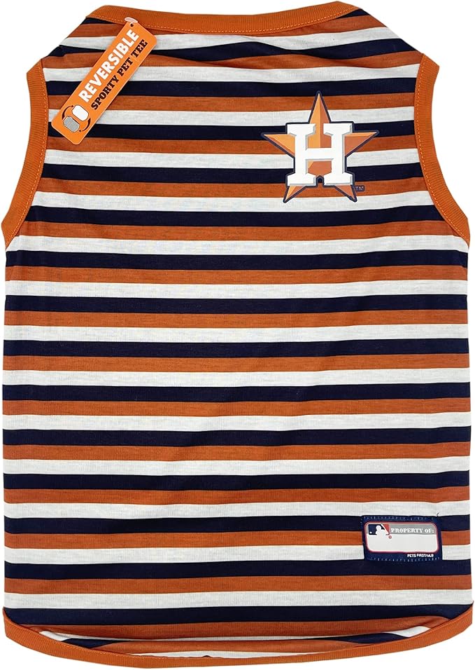 Pets First MLB Houston Astros Reversible T-Shirt, Large for Dogs & Cats. A Pet Shirt with The Team Logo; Stripe Tee Shirt on one Side; Solid Design on The Other Side!, Team Color, (AST-4158-LG)