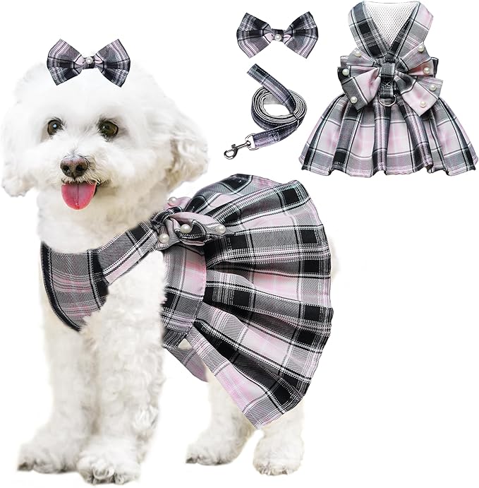 Dog Dress Bowknot Harness Leash Set for Small Dogs Girl Cute Plaid Dog Dress Pearls Bow Tie Spring Summer Princess Clothes Birthday Holiday Doggie Outfits for Puppy Cats Girl Apparel (Black, Small)