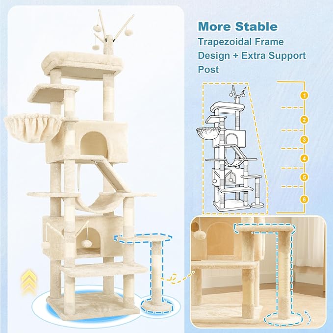 Hey-brother Cat Tree Tower, Sturdy Multi-Level Scratching Posts with Extra Supporting Part, 5 Teaser Toys, 2 Condos, Large Bed, Hammock, Scratch Baord for Indoor Cats, 82.7 Inches, Beige MPJ082M