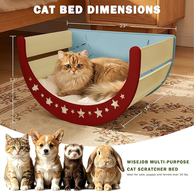 Elevated Cat Bed – Sisal Scratch Pad & Soft Fleece Mat, Sturdy Elevated Lounge for Lounging, Climbing & Hiding, Supports up to 30 lbs, Blue