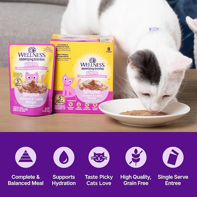 Wellness Appetizing Entrées Mousse Kitten Wet Cat Food, Natural, Protein Rich, Grain Free, Chicken and Lamb Recipe, 1.4 oz, Pack of 8 Pouches