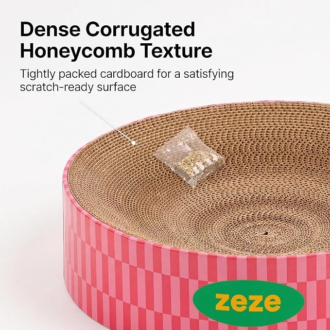 ZEZE Round Cat Scratcher Bed — Durable Corrugated Cardboard Cat Lounge, Scratch & Sleep Bowl Shape Cat Bed, Cozy Curved Design, Minimal Mess, Sturdy Edge Support (Retro Sweetheart)