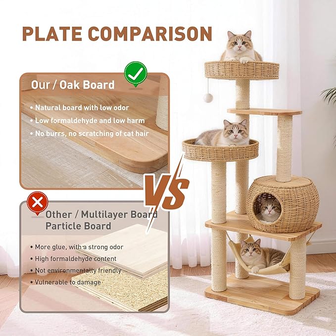 55" Wood Cat Tree for Indoor Cats Large Adult,Tall Cat Tower with Scratching Post and Cozy Hammock for Large Cat,Multi-Level Modern Cat Condo with Hand-Woven,Easy to Assemble and Clean