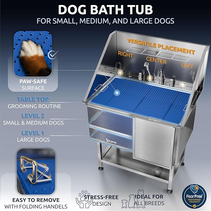 KANIS Professional Dog Washing Station 304 Stainless Steel Pet Wash Sink & Grooming Bathtub w/Shower, Floor Grates and Storage for Large, Medium & Small Pets (Silver, 40 Inches, Right Ramp, Shelf)