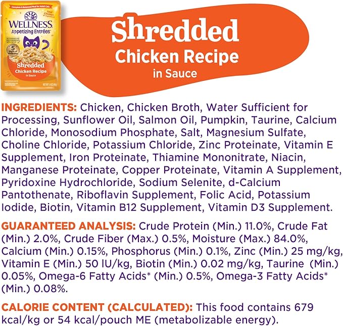 Wellness Appetizing Entrées Shredded Adult Wet Cat Food, Natural, Protein Rich, Grain Free, Chicken Recipe, 1.4 oz, Pack of 8 Pouches