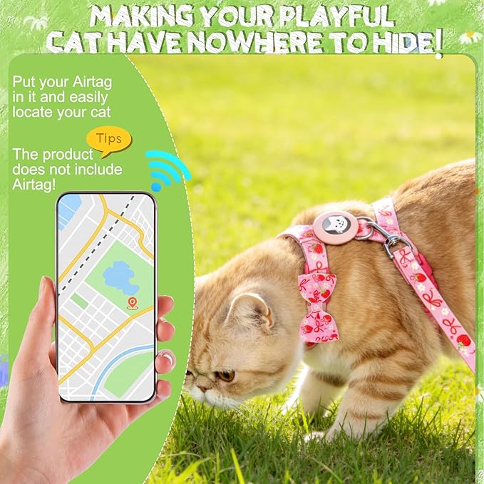 EXPAWLORER Cat Harness and Leash Set with AirTag Holder, Escape Proof Safe Lightweight Adjustable Soft Kitten Harness Set with Bowknot for Small Medium Large Cat Walking Travel Outdoor, Strawberry