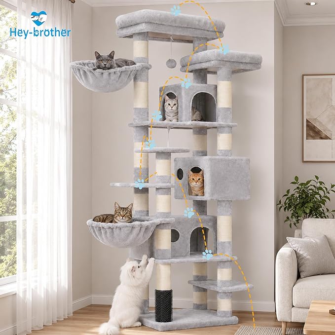 Hey-brother Cat Tree, 74 inches Multi-Level XL Large Cat Tower for Indoor Cats with Three Cat Condos, Two Large Top Decks and Cat Hairbrushfor Kittens, Cats and Pets, Light Gray MPJ035-MW