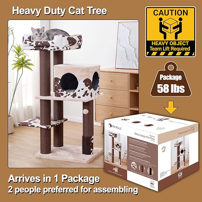 PetPals Large Cat Tree 50” Tall for Grand Maine Coon, with Large Condo, Removeable Top Bed, Extra Durable & Sturdy Large Cat Tower, Cowboy Style (Brown)